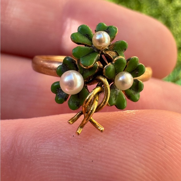 Rare!! Antique solid 10k  pin conversion  4 leaf clover genuine seed pearl ring - Picture 7 of 16